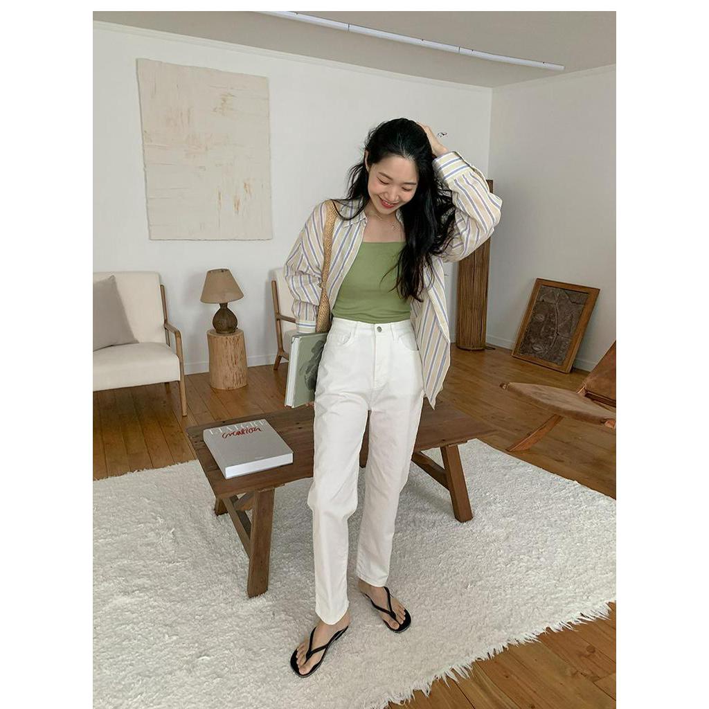 Áo Sơ Mi Kẻ Sọc Dài Tay Dáng Rộng Cổ polo Phong Cách Hàn Quốc 54273