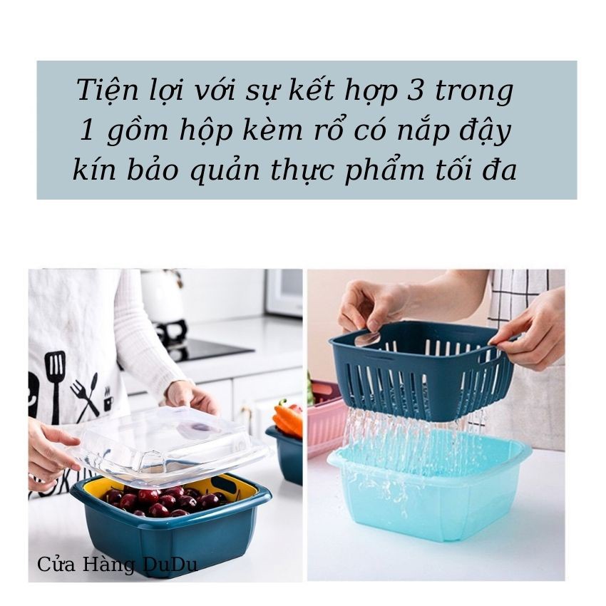 Bộ Rổ Nhựa Kèm Chậu Đựng Rau Trái Cây Có Nắp Đậy Kèm Lỗ Thoát Nước 3 Trong 1 Đa Năng