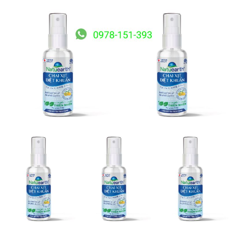 Combo 5 chai Cồn xịt khuẩn Natuearth bỏ túi 60ml - Chuyên dùng diệt khuẩn da tay và bề mặt - với 100% nguyên liệu thiên