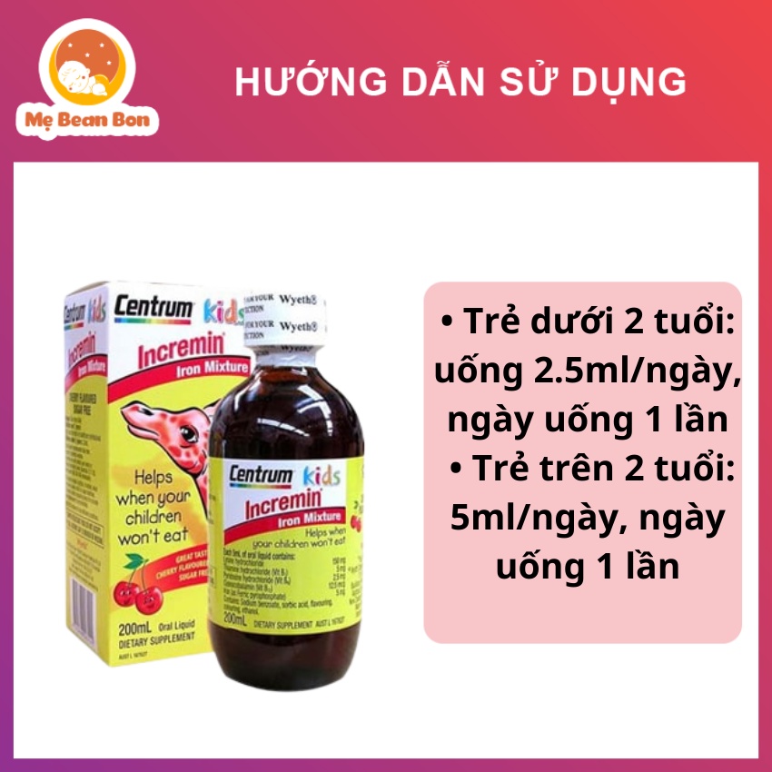 Siro Centrum Kids Incremin Iron Mixture của Úc 200ml cho bé biếng ăn giúp bé ăn ngon miệng hấp thụ dinh dưỡng tốt hơn