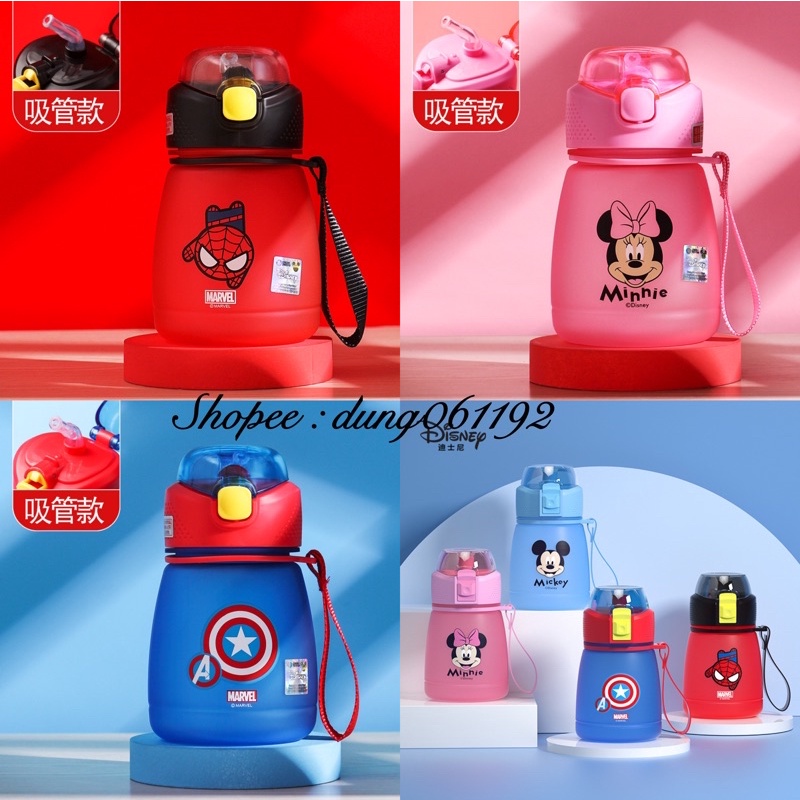 Bình nước cho bé hoạt hình disney chính hãng (mickey,minnie ,marvel, người nhện) hàng chuẩn kèm giấy+tem