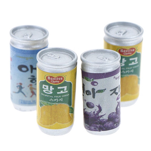 Set 2 lon nước trái cây Hàn Quốc trang trí nhà búp bê. Lon nước mini.