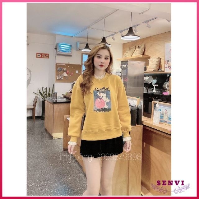 Áo Khoát Hoodie Nữ Form Rộng, Áo Khoác Nỉ Màu Vàng Cổ Ren In Hình Bạch Tuyết, Hàng Quảng Châu Cao Cấp