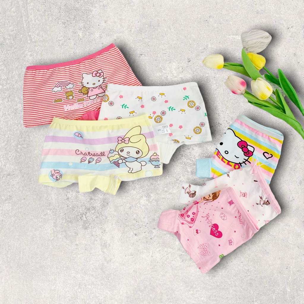 Quần chip bé gái, quần lót đùi trẻ em cotton cao cấp mềm mịn họa tiết công chúa, mickey, hellokitty, pony