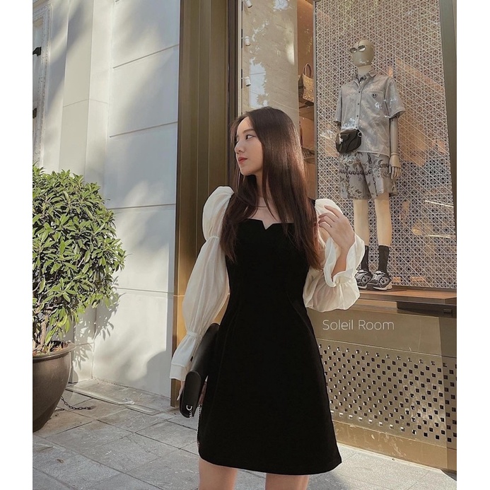 [ Có sẵn ] Váy liền phối tay voan cổ vuông cách điệu hàng chuẩn l1 | BigBuy360 - bigbuy360.vn