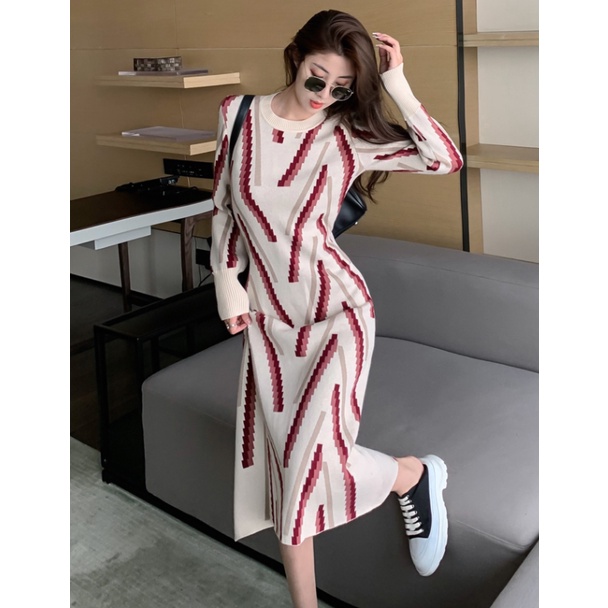 Đầm sweater Dệt Kim Dáng Lửng Họa Tiết Kẻ Sọc Thời Trang Thu Đông Cao Cấp 2022