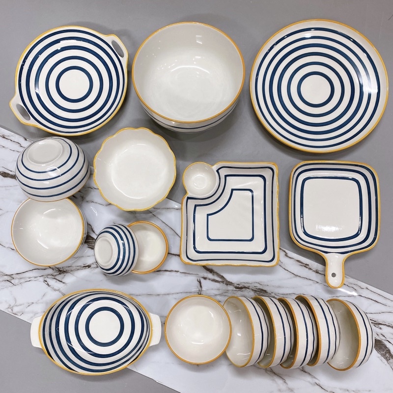 Tô dĩa sứ hoạ tiết kẻ ngang sang trọng, chén bát phong cách Bắc Âu mới hiện đại (Tách lẻ món)