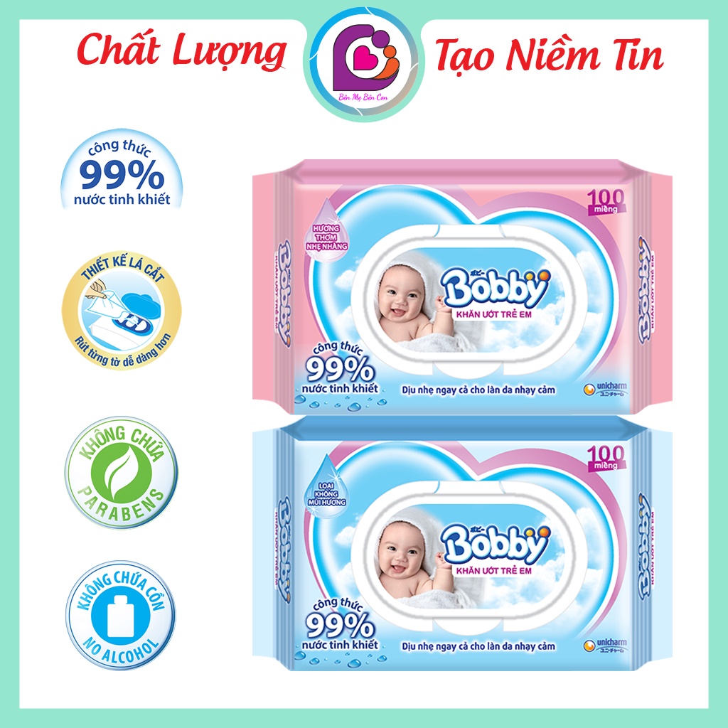 Khăn ướt Bobby cho làn da nhạy cảm 100 miếng