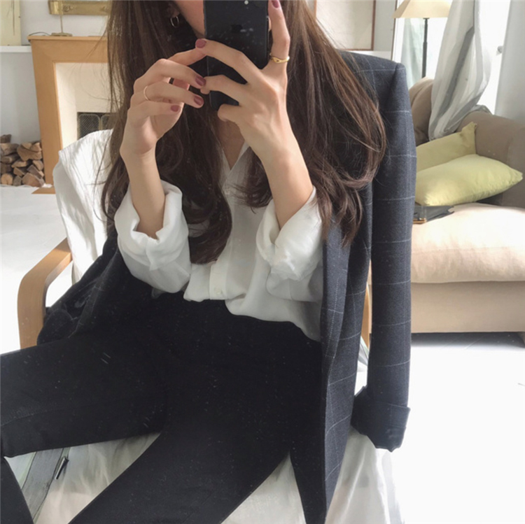 Áo sơ mi trắng / đen phong cách mùa thu cổ điển thanh lịch Fr12