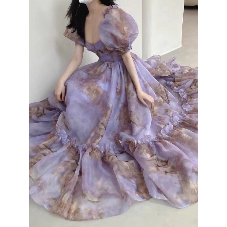 Đầm in hoa tím dài dáng ôm hở lưng thời trang hè thời trang retro Pháp cho nữ