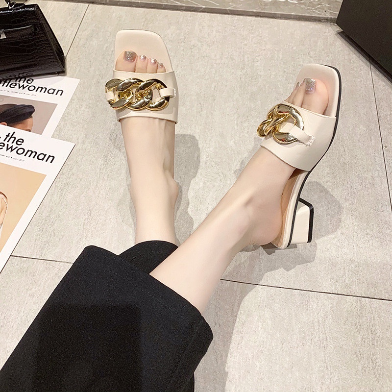 Dép Sandal Cao Gót Nữ Mũi Vuông Phối Kim Loại Thời Trang