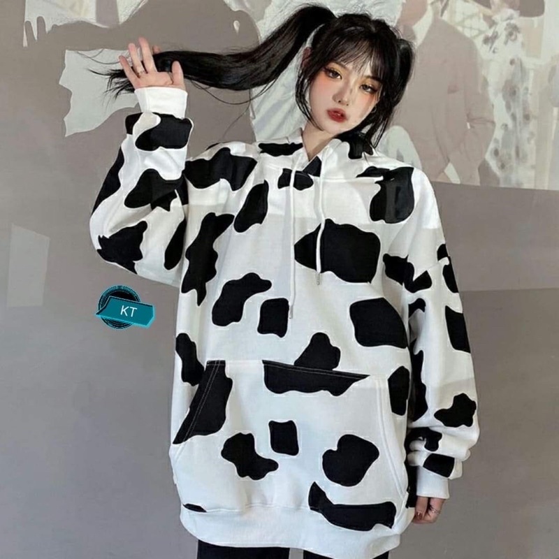 áo hoodie nỉ bông cotton loang bò sữa Kt