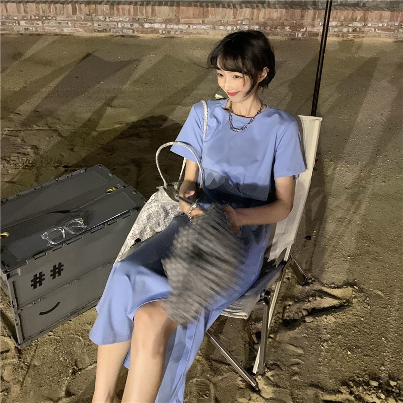 Đầm thun dài IELGY dáng rộng xẻ tà kiểu đơn giản thời trang cho nữ