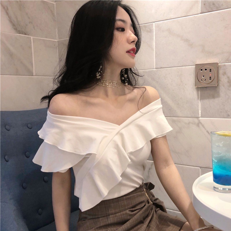 FREESHIP ĐƠN 99K_ Women's Slash Neck Solid Short Sleeve Slim Ruffles T-Shirt