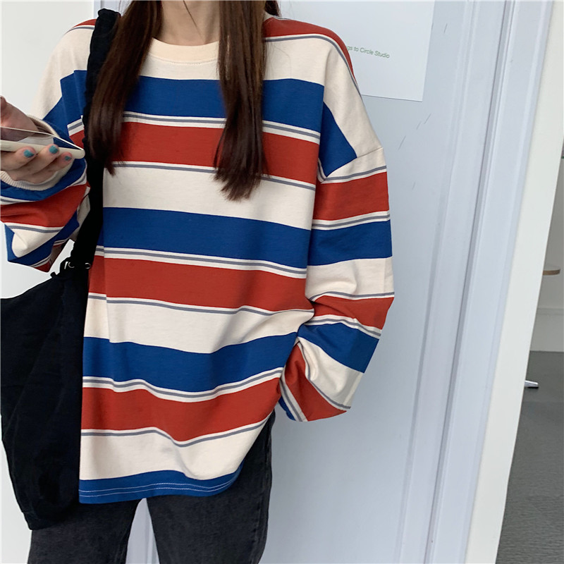 Áo thun tay dài form rộng họa tiết kẻ sọc ngang phong cách Hàn Quốc thời trang cho nữ