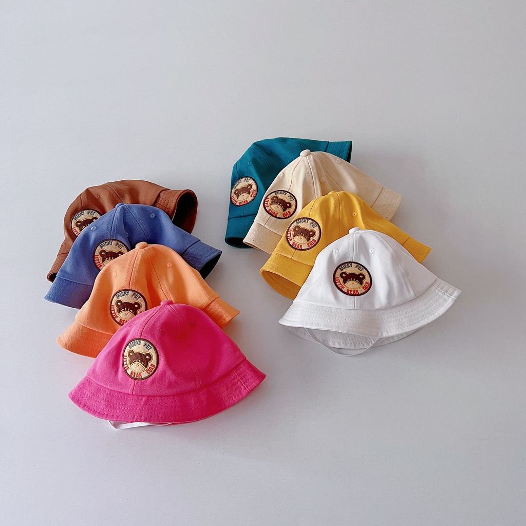 Nón tai bèo vành rộng màu trơn thêu hình gấu dễ thương chống nắng cho trẻ em