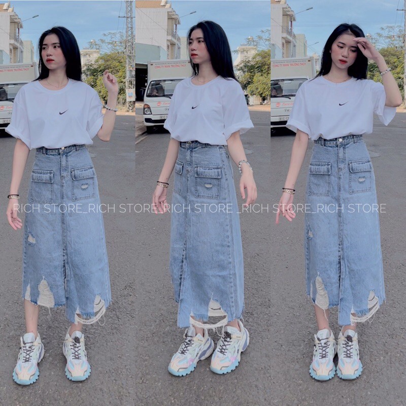 Áo thun-Chân váy jean rách