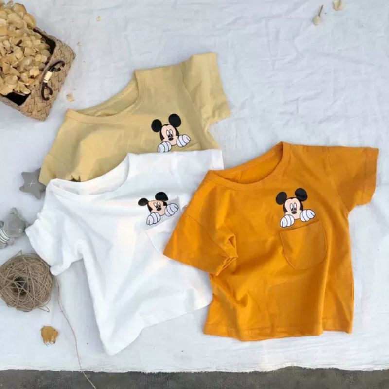 Áo thun cộc tay trẻ em cho bé 8-18kg chất cotton 100% co giãn 4 chiều hình chuột micky có túi