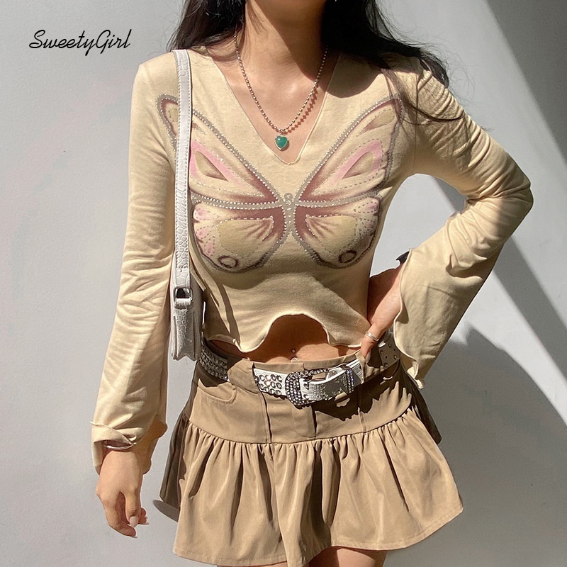 Áo croptop tay dài cổ chữ V in họa tiết bướm màu sắc tương phản thời trang cho nữ