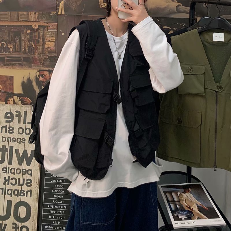 Áo Khoác Không Tay Màu Trơn Phong Cách Quân Đội Thời Trang Hàn Quốc Cho Nam unisex áo vest nam