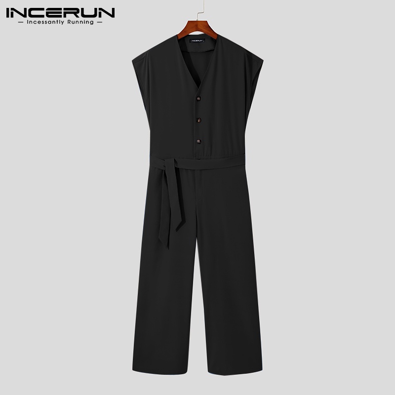 Bộ áo liền quần INCERUN cổ chữ v không tay cài nút thắt lưng thời trang mùa hè cho nam