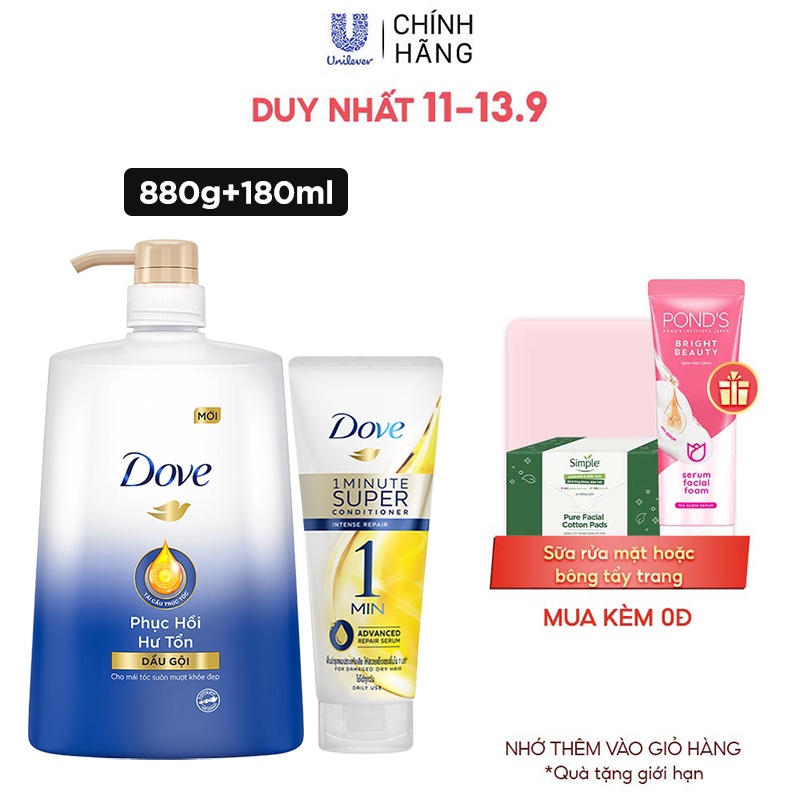 Combo Dầu gội và Kem xả DOVE Phục Hồi Hư Tổn Tinh Chất Serum cao cấp dưỡng tóc khỏe đẹp 880g, 180ml