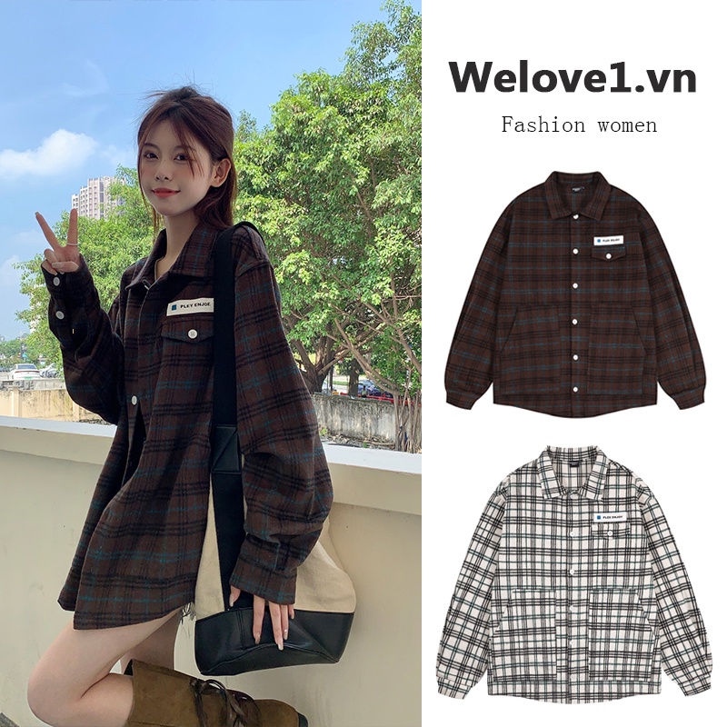 Áo Sơ Mi Caro Tay Dài Dáng Rộng Phong Cách Hàn Quốc Cho Nữ