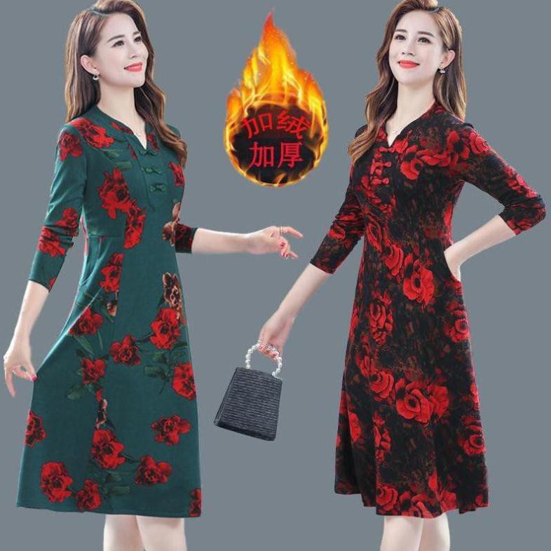 Váy thu đông cho phụ nữ, áo dài tay và xòe lớn, trung niên người lớn tuổi < SIÊT HOT