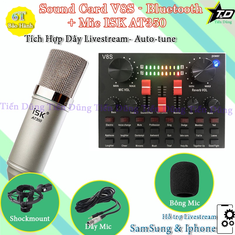 Bộ Mic Thu Âm AT350 và Sound Card V8S Có Auto-tune, Tích Hợp Pin, Bluetooth - Bộ Mic Livestream Đã Có Thể Hát