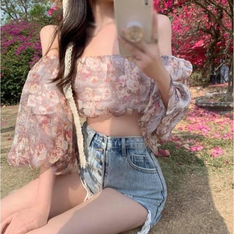 Áo kiểu croptop trễ vai tay dài phồng cúp ngực hoa nhí tiểu thư voan - Order taobao quảng châu