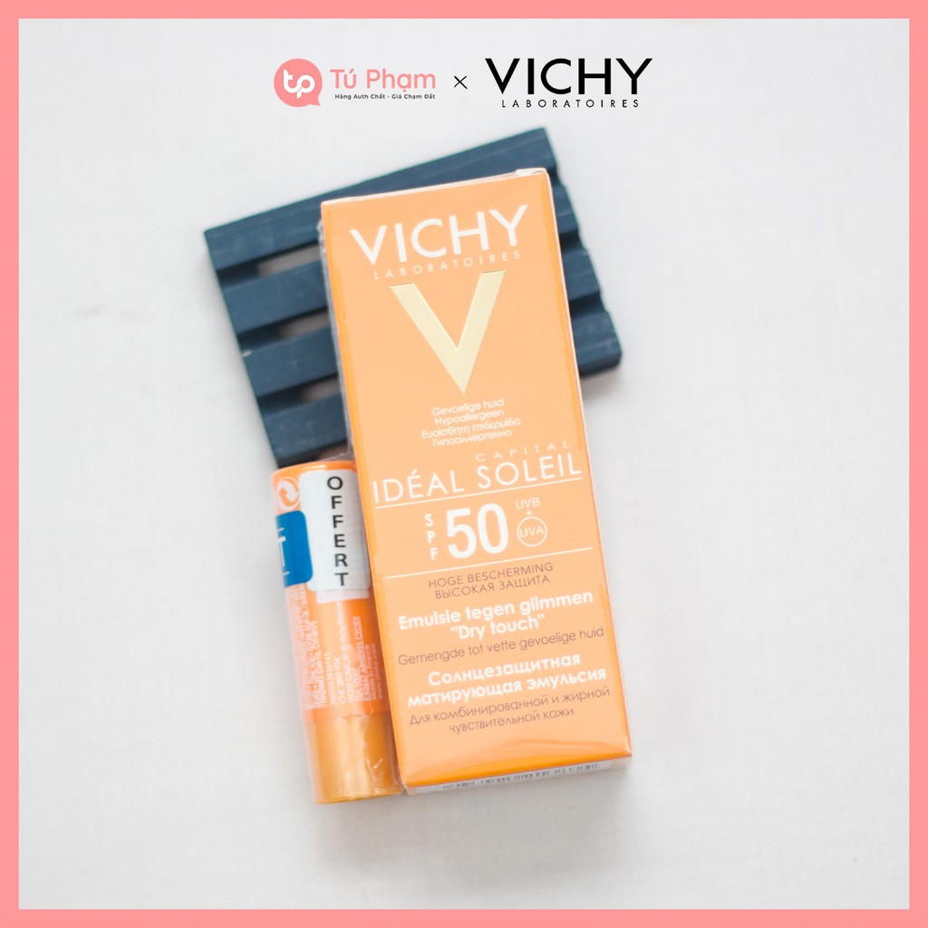 Set Kem Chống Nắng Vichy SPF 50 Ideal Soleil Emulsion Anti-brillance 50ml Tặng Kem Son Dưỡng Môi Vichy