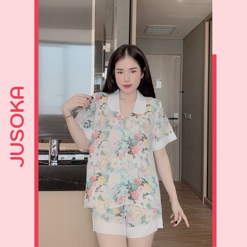 Đồ bộ pijama lụa ngủ mặc nhà quần đùi bigsize họa tiết cổ sen cute dễ thương chất liệu mango cao cấp JUSOKA