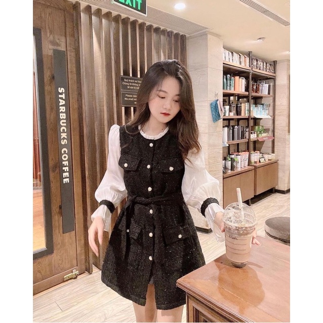 Váy dạ tweed phối sơ mi