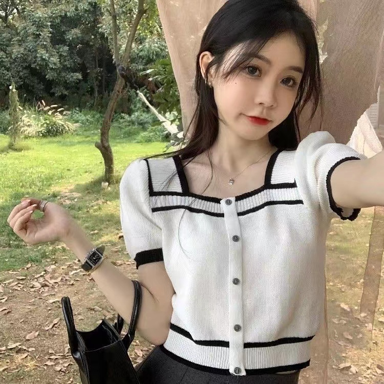 【Hana and Alice】Áo Thun Dệt Kim Tay Ngắn Cổ Vuông Phong Cách Pháp Thời Trang Mùa Hè Cho Nữ