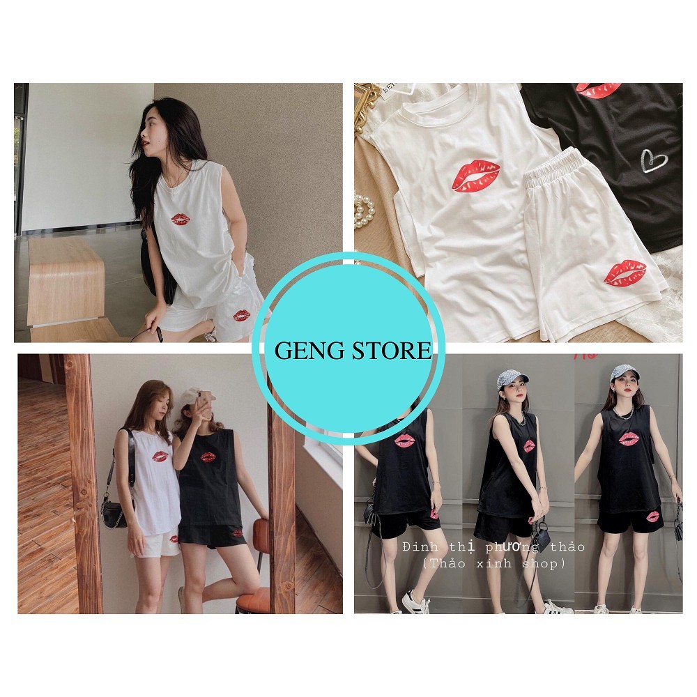 Bộ TankTop Nữ In Hình Đôi Môi Cao Cấp, Set Áo 3 Lỗ Quần Đùi Nữ Dáng Rộng 2 Màu