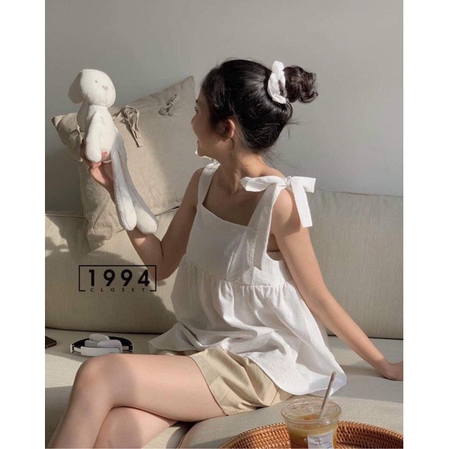 Set áo 2 dây babydoll đũi thô thắt nơ vai  Pea  Store