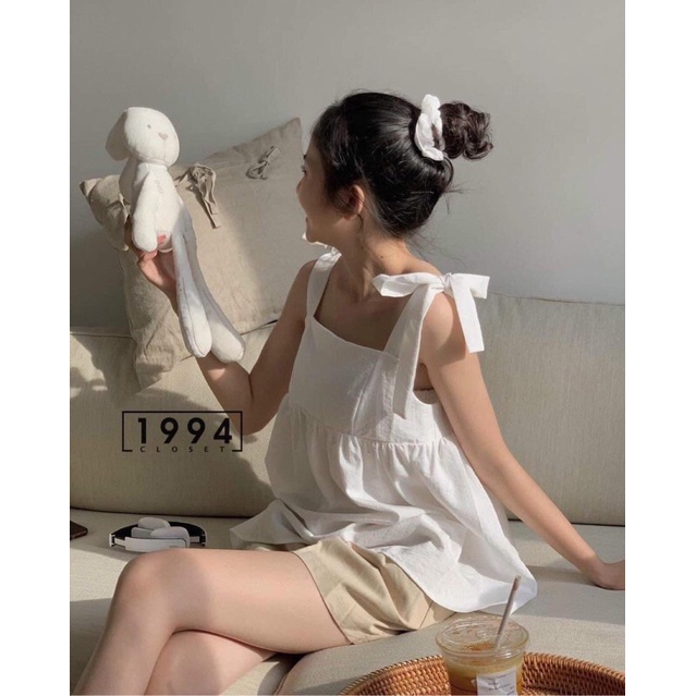 Set áo 2 dây babydoll đũi thô thắt nơ vai  Pea  Store (Ảnh thật/Sẵn)