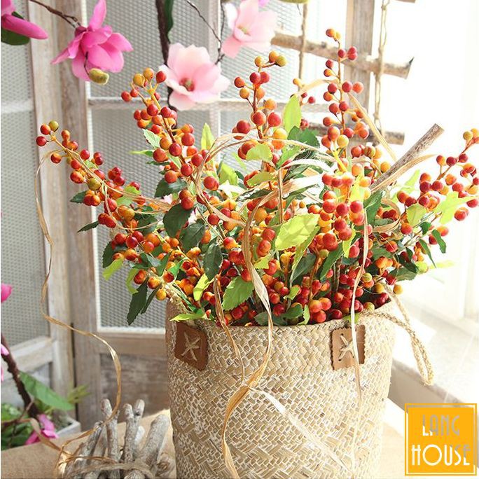 Hoa Giả Lụa - CÀNH ĐIỂM CÀNH QUẢ MỌNG Dài 70cm - 1 Cành 4 nhánh