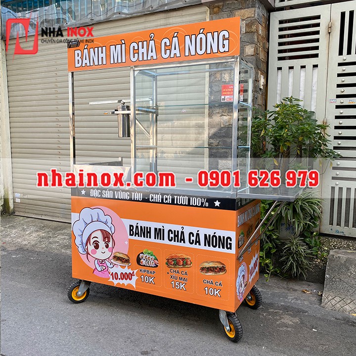 Xe bánh mì chả cá không mái 1m2x60x1m77