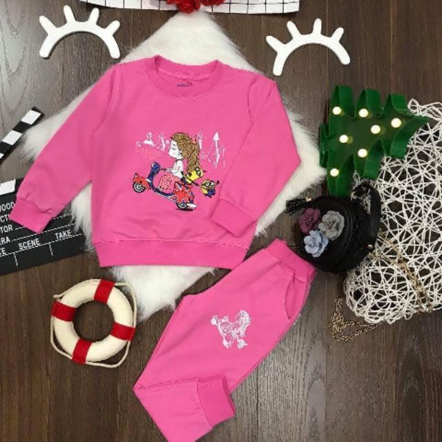Bộ nỉ da cá bé gái cao cấp