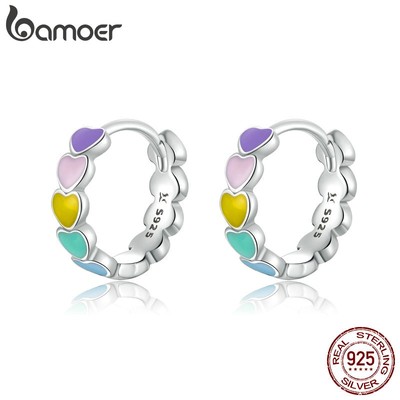 BAMOER Bông Tai bạc 925 Hình Trái Tim Màu Sắc Cầu Vồng Thời Trang 2020 Cho Nữ sce909