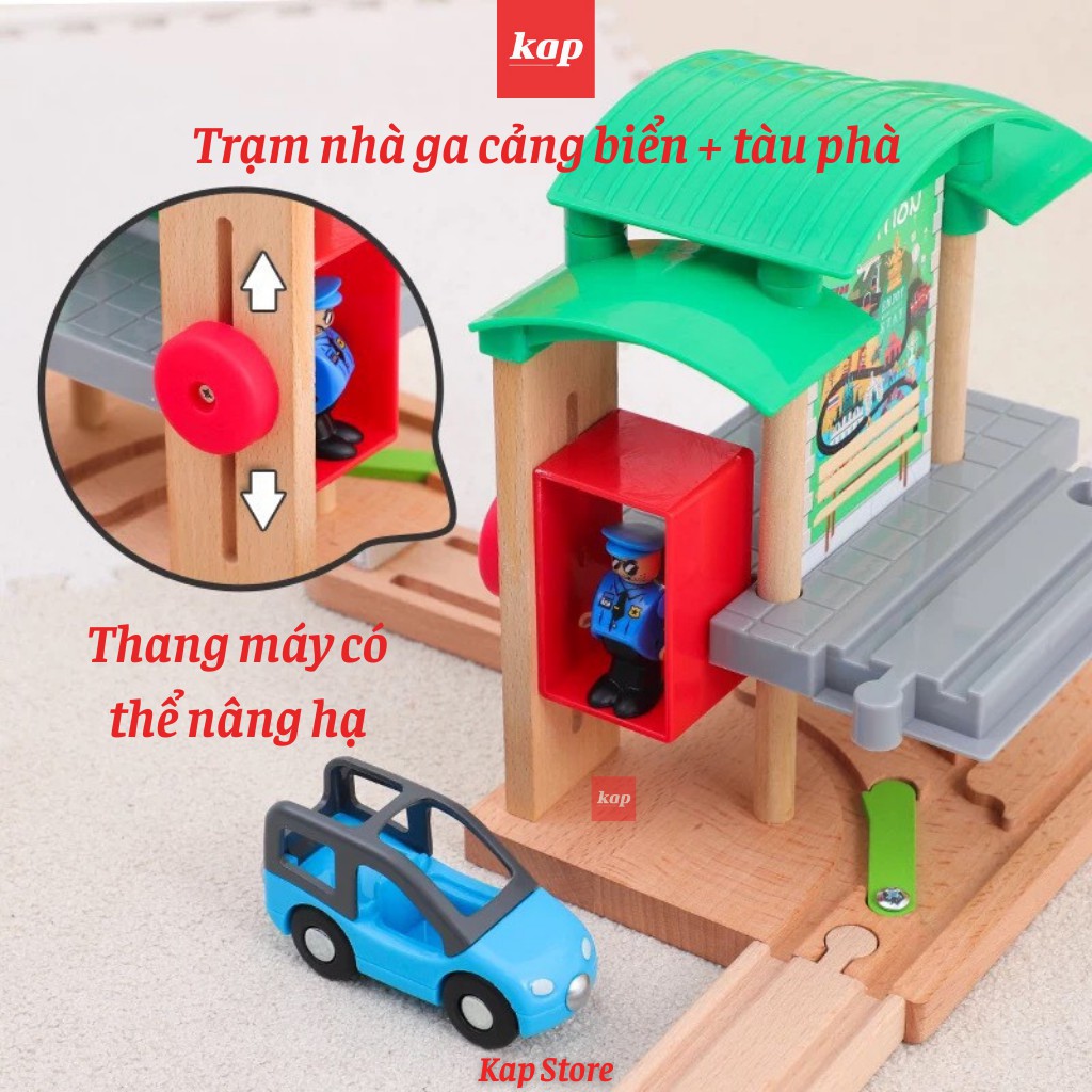 Set nhà ga xe lửa cảng biển, bến phà, ferry station, phụ kiện mô hình đường ray xe lửa gỗ