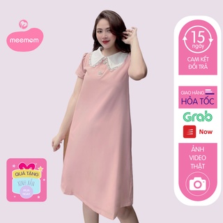 Váy bầu thiết kế - đầm bầu sang chảnh cổ trắng viền ren cúc ngọc 2 màu hồng xanh HD27