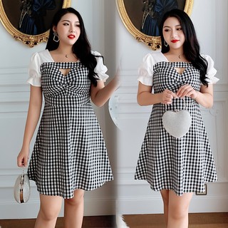 Đầm kẻ khoét ngực phối tay cho người béo mập - VBEO182