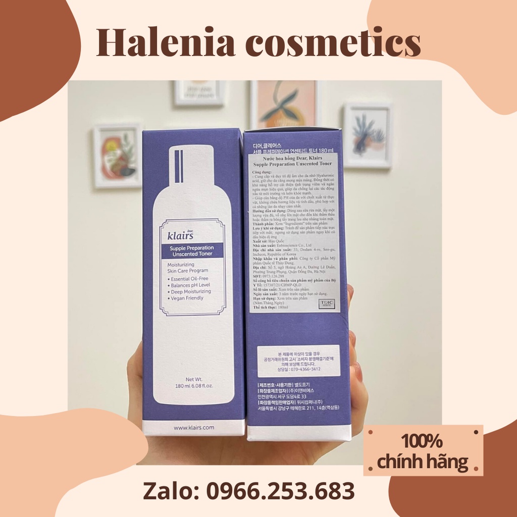 Nước hoa hồng Dưỡng Ẩm Da Không Mùi Klairs Supple Preparation Unscented Toner 180ml