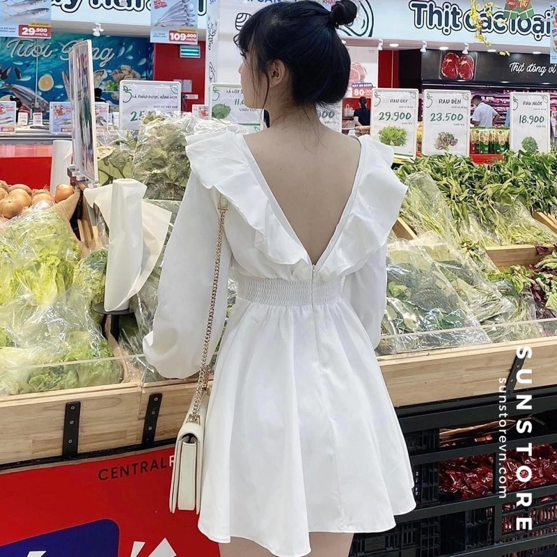 Đầm xoè nữ tay dài cổ V cài nút bọc bo chun váy mini dáng xoè 3 màu