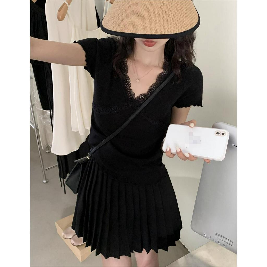 ZHELIHANGFEI Áo Thun Nữ Ngắn Tay Cổ Chữ v Phối Ren Thời Trang