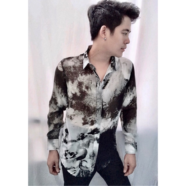 Áo sơ mi nam vải chiffon cao cấp ,họa tiết xám khói