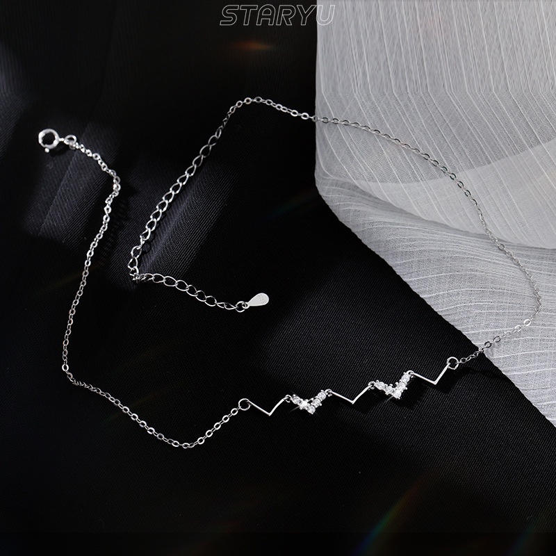 Vòng cổ Choker Bạc 925 Mặt Hình Nhịp Tim Đính Đá Zircon Thanh Lịch Cho Nữ