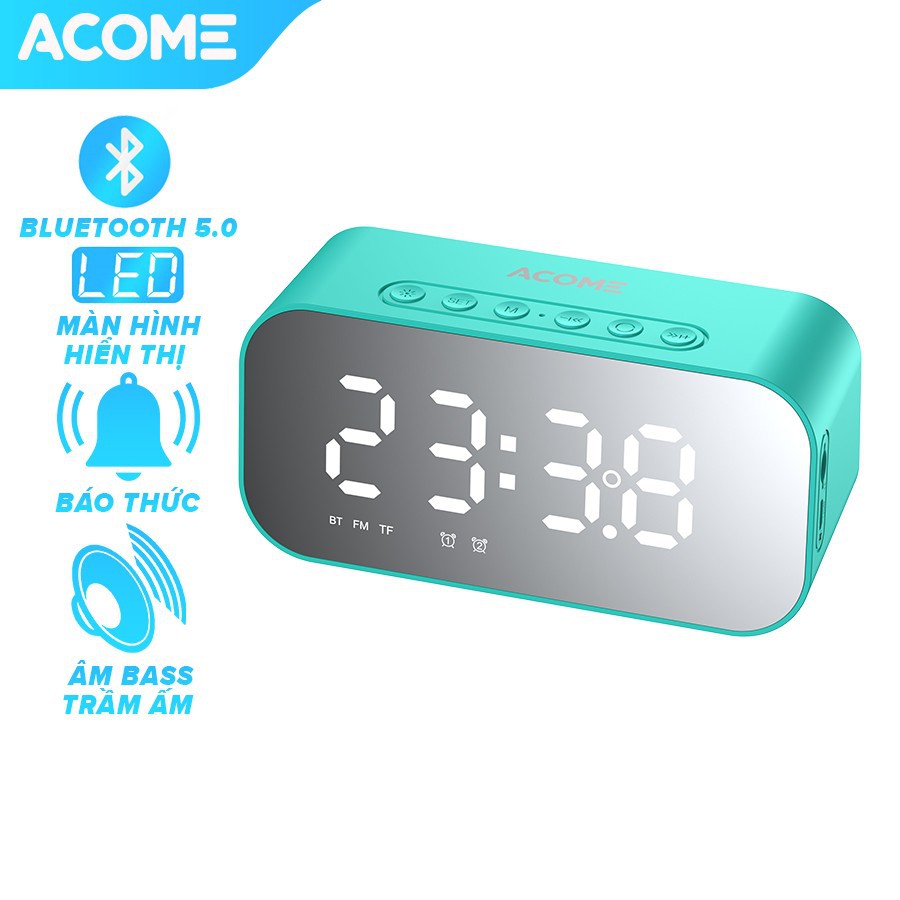 Loa Bluetooth ACOME A5 5W Màn Hình LED Đồng Hồ Báo Thức Hỗ Trợ Thẻ Nhớ Nghe FM hiển thị đồng hồ mặt gương cực đỉnh